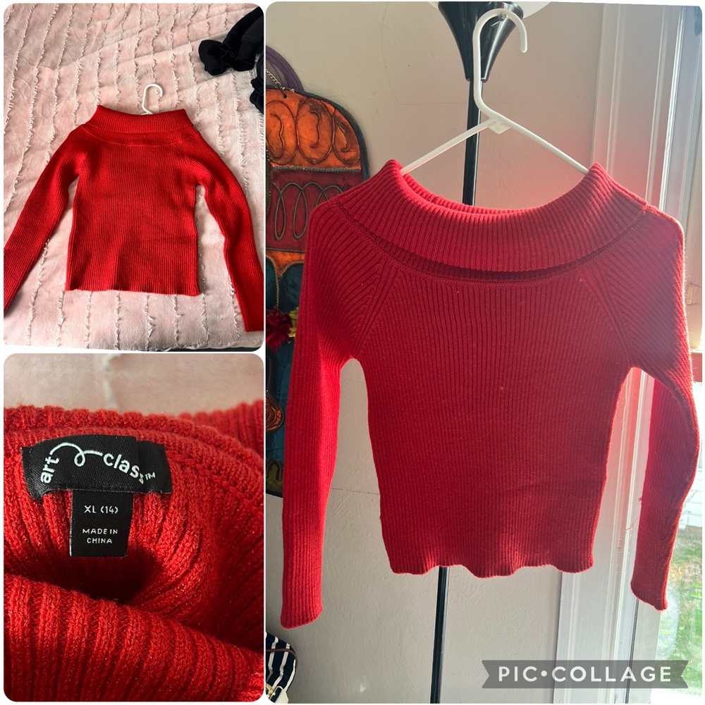 art class Red Ribbed Off-Shoulder Sweater